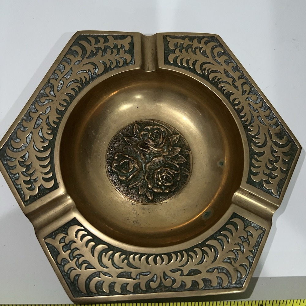 BRASS HEXAGON ASHTRAY 5.5" Three Roses Korea Vintage